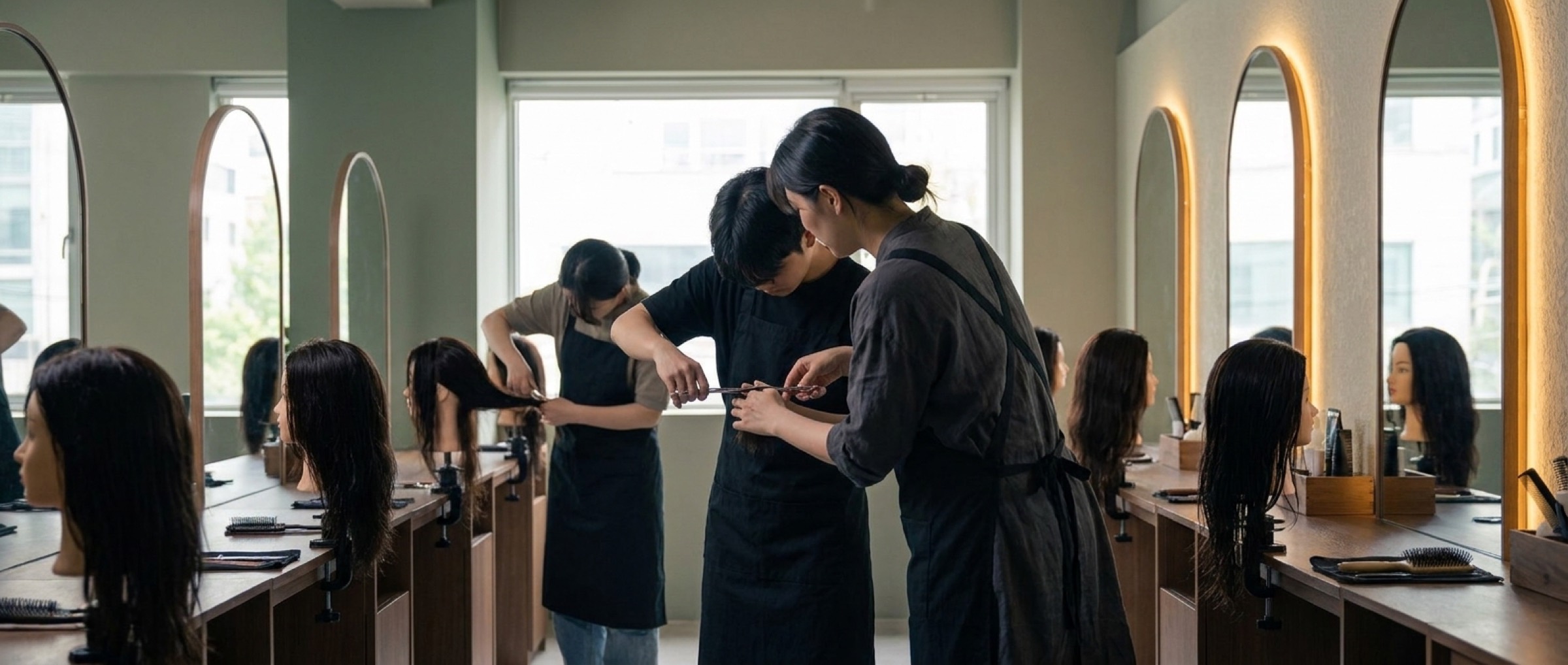 마네킹으로 커트를 연습하는 수강생과 손을 잡아 주는 강사
